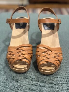 Swedish Hasbeens Tan Woven Leather Platform Sandals